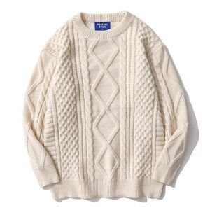 Cable Knit Sweater Women Chunky Sweater Woven Crewneck Knitted Pullover White
